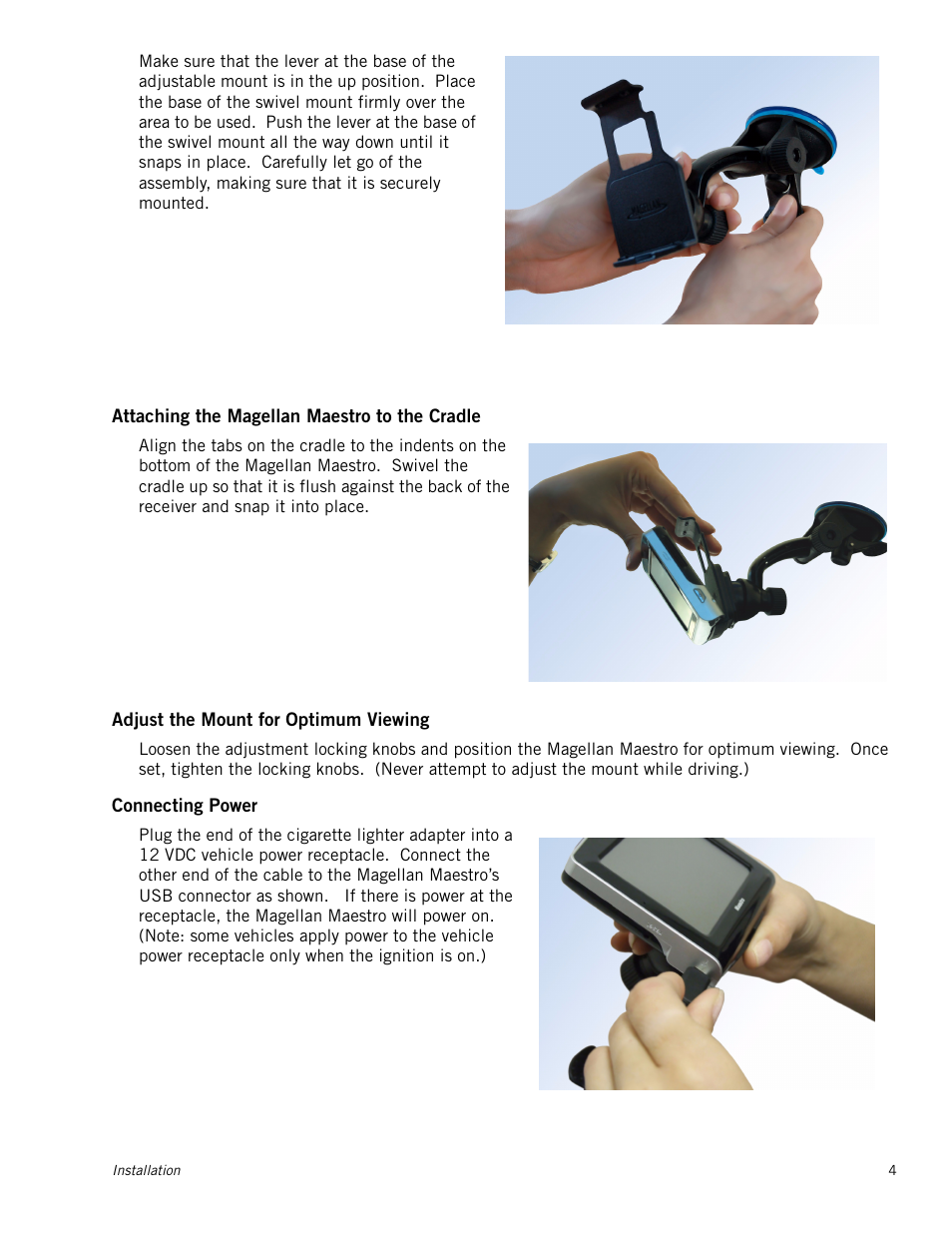 Attaching the magellan maestro to the cradle, Adjust the mount for optimum viewing, Connecting power | Magellan Maestro 4245 User Manual | Page 13 / 70