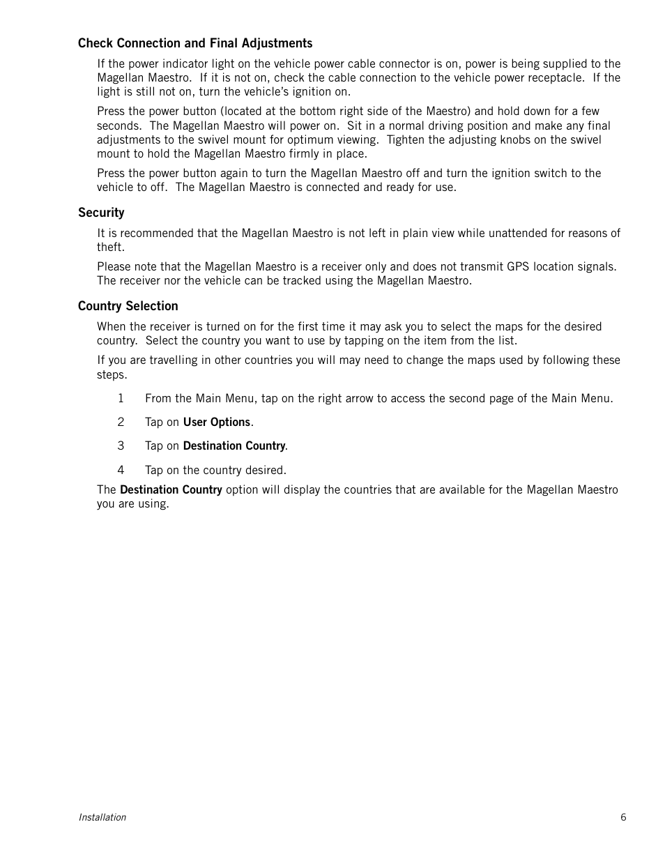 Check connection and final adjustments, Security, Country selection | Magellan Maestro 4245 User Manual | Page 15 / 70