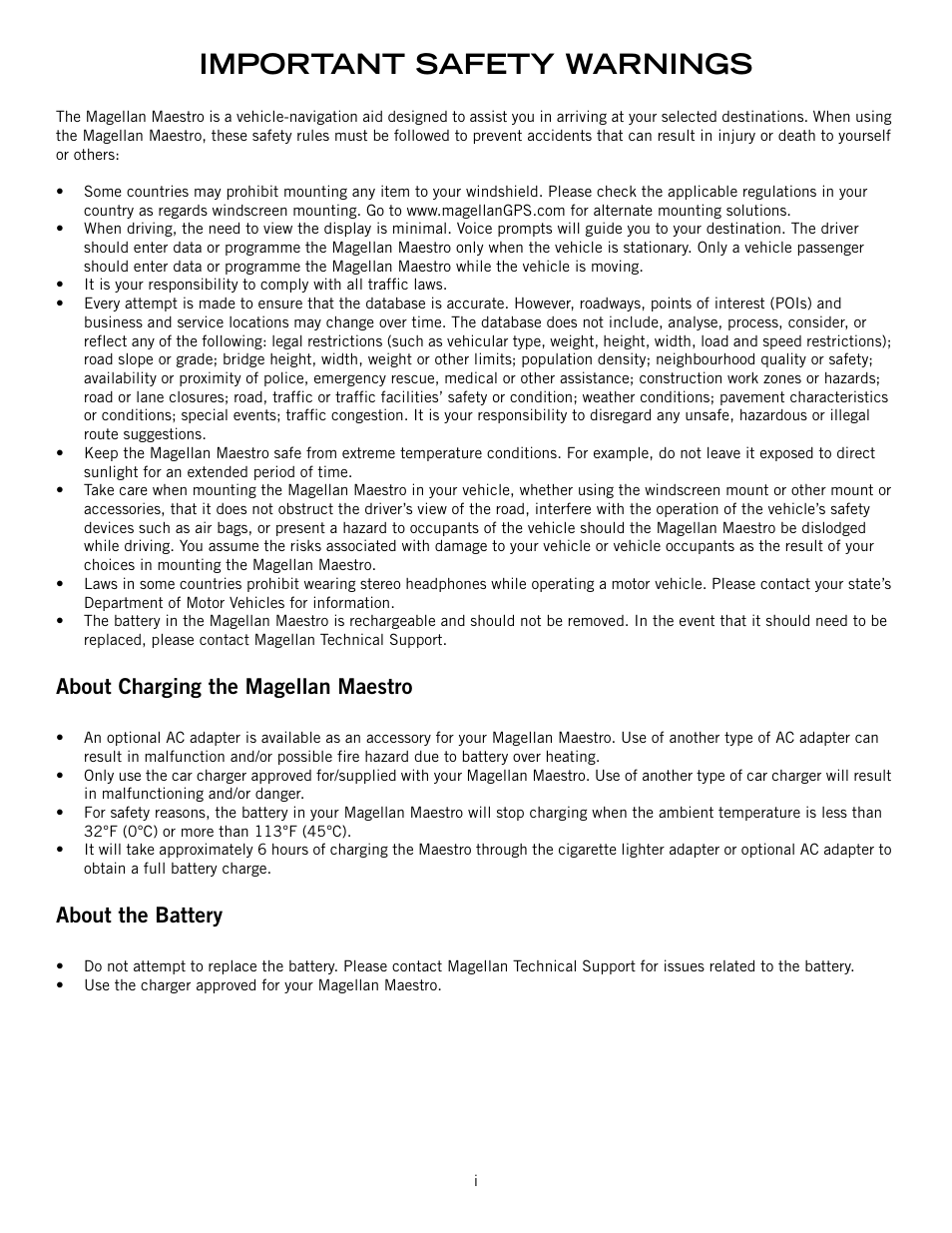 Important safety warnings, About charging the magellan maestro, About the battery | Magellan Maestro 4245 User Manual | Page 2 / 70