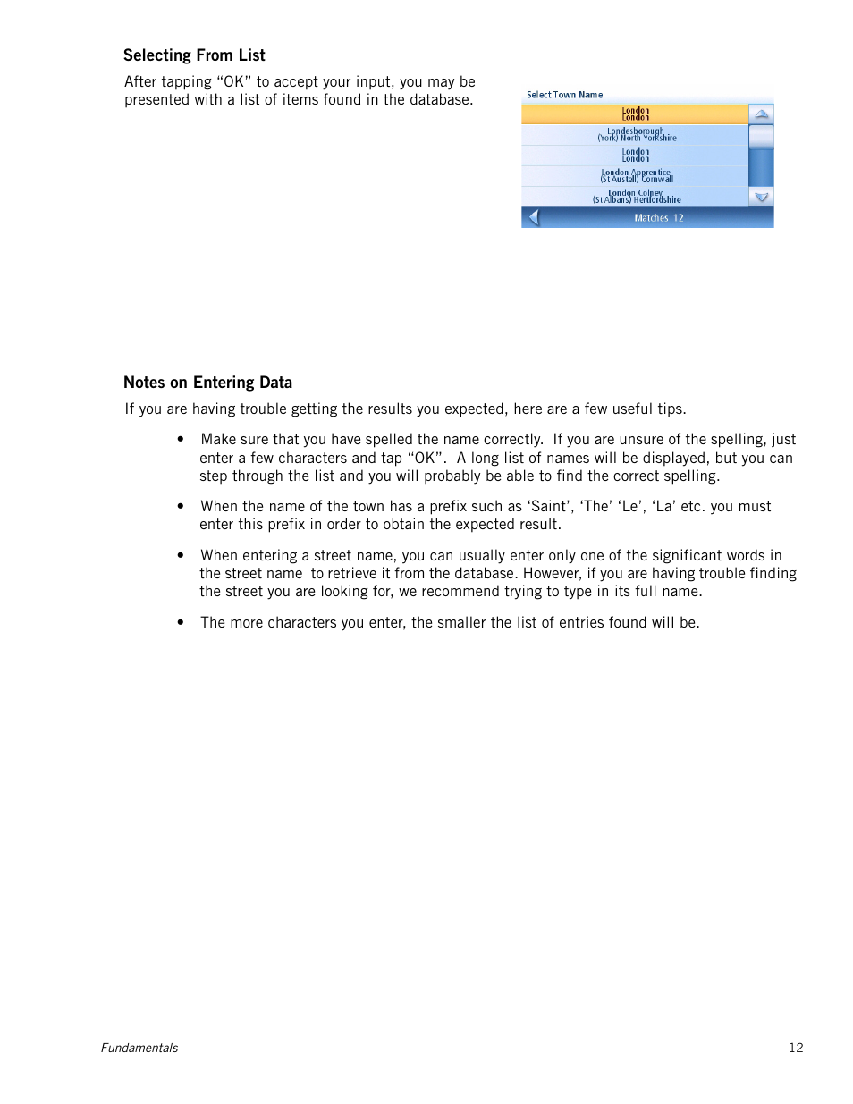 Selecting from list, Notes on entering data | Magellan Maestro 4245 User Manual | Page 21 / 70