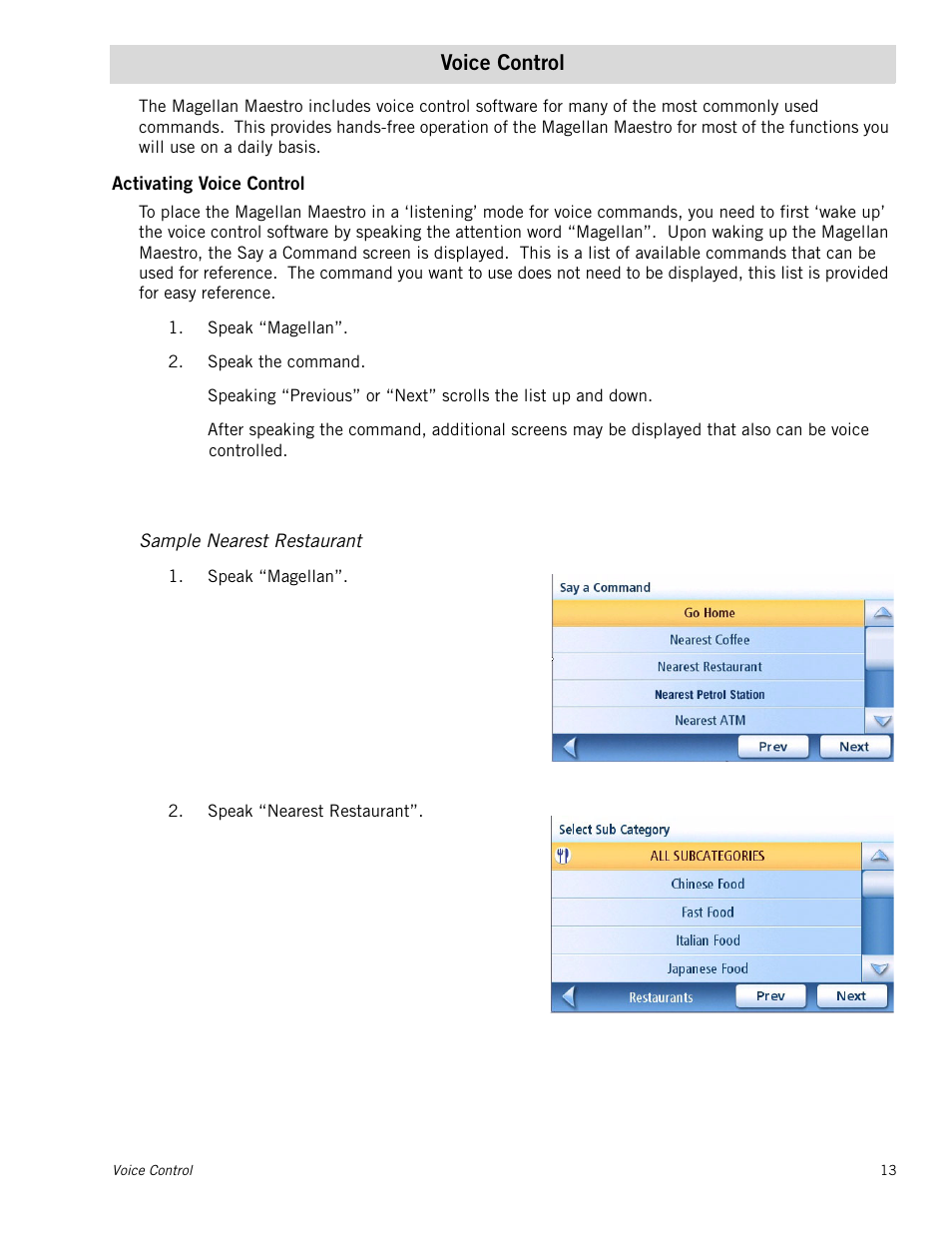 Voice control, Activating voice control, Sample nearest restaurant | Magellan Maestro 4245 User Manual | Page 22 / 70