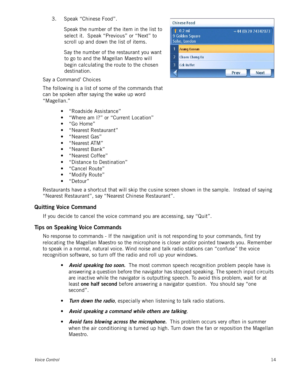 Quitting voice command, Tips on speaking voice commands | Magellan Maestro 4245 User Manual | Page 23 / 70