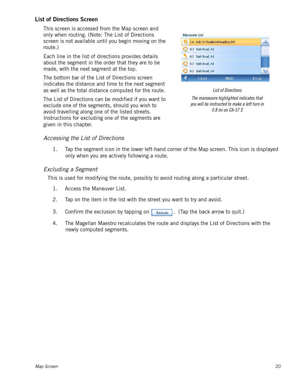 List of directions screen, Accessing the list of directions, Excluding a segment | Magellan Maestro 4245 User Manual | Page 29 / 70