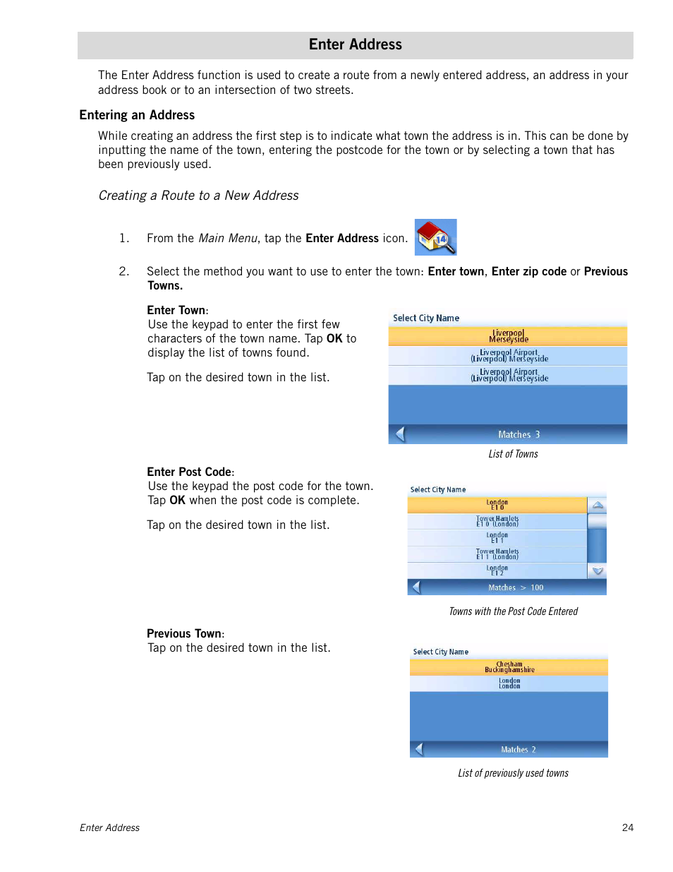 Enter address, Entering an address, Creating a route to a new address | Magellan Maestro 4245 User Manual | Page 33 / 70