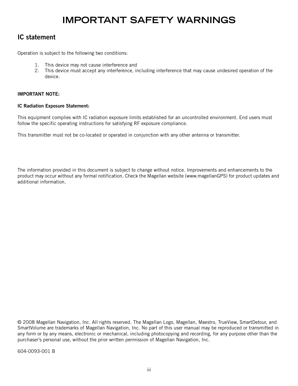Important safety warnings, Ic statement | Magellan Maestro 4245 User Manual | Page 4 / 70