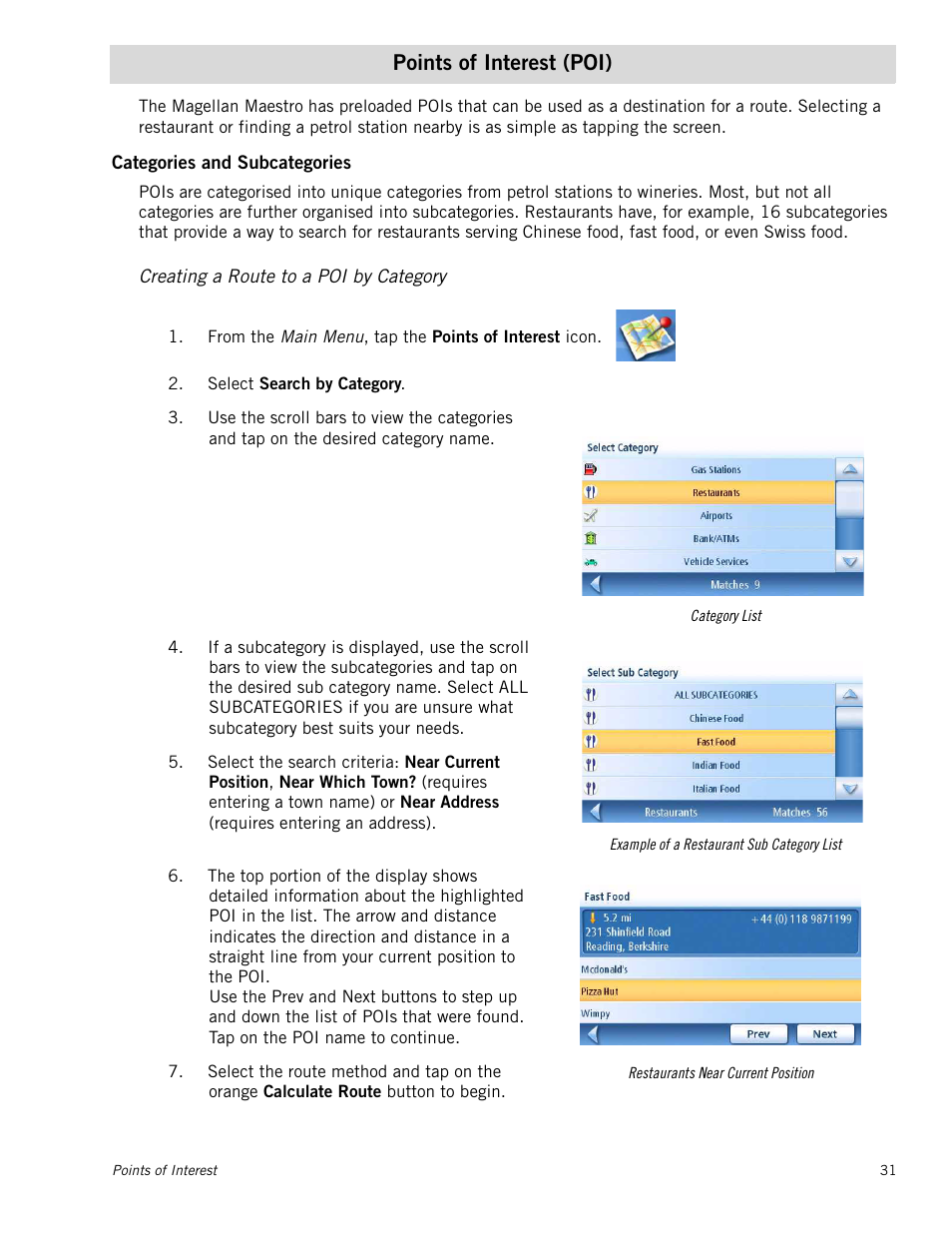 Points of interest (poi), Categories and subcategories, Creating a route to a poi by category | Magellan Maestro 4245 User Manual | Page 40 / 70