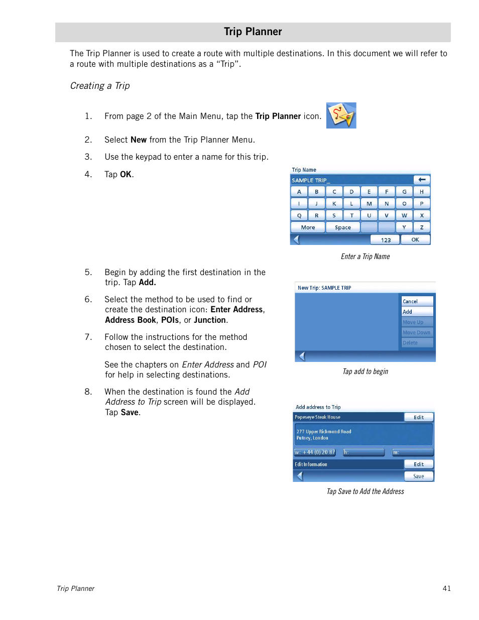 Trip planner, Creating a trip | Magellan Maestro 4245 User Manual | Page 50 / 70