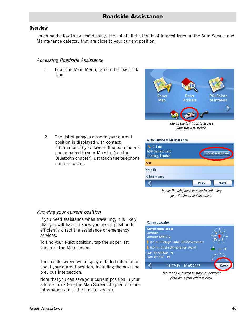 Roadside assistance, Overview, Accessing roadside assistance | Knowing your current position | Magellan Maestro 4245 User Manual | Page 55 / 70