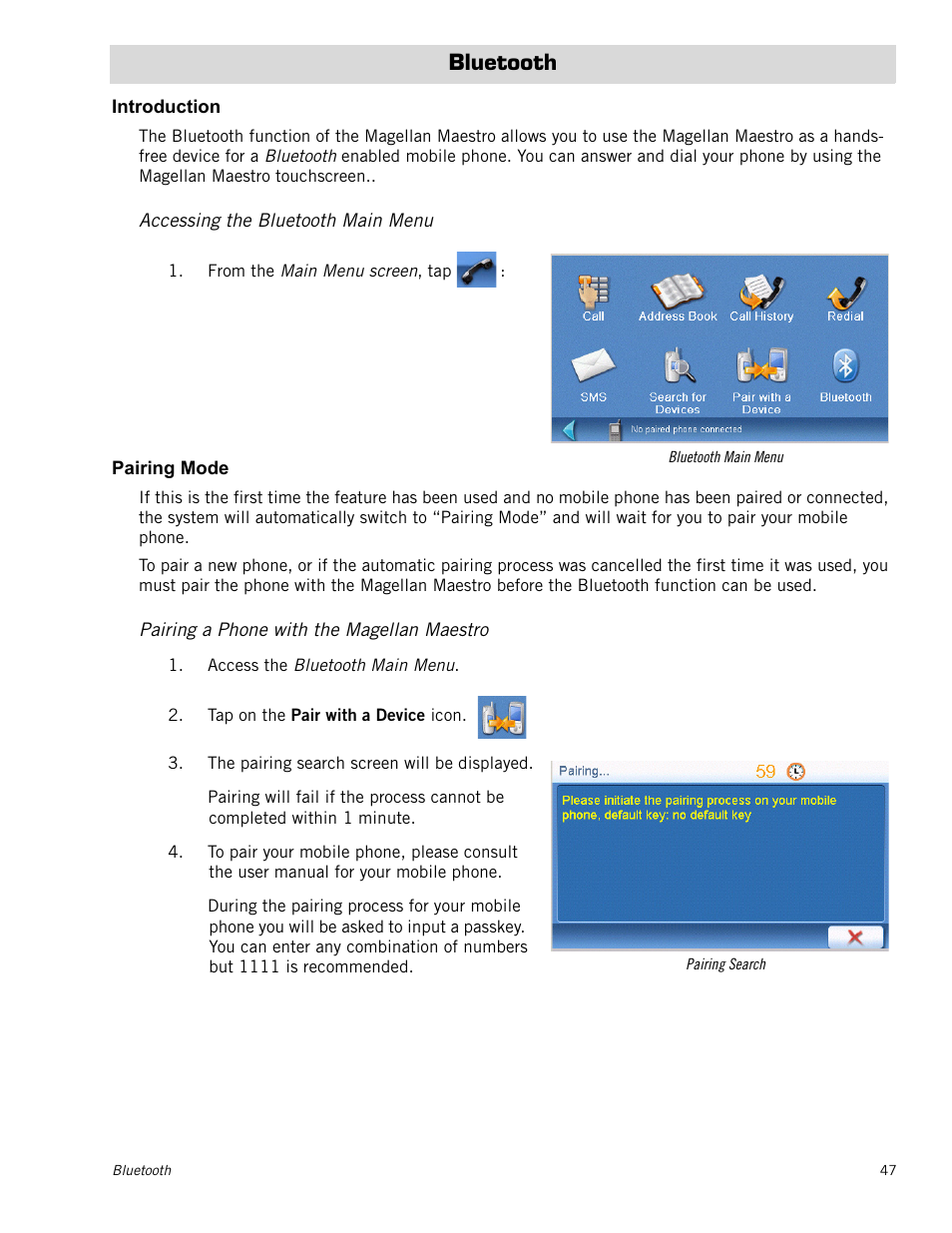 Bluetooth, Introduction, Accessing the bluetooth main menu | Pairing mode, Pairing a phone with the magellan maestro | Magellan Maestro 4245 User Manual | Page 56 / 70