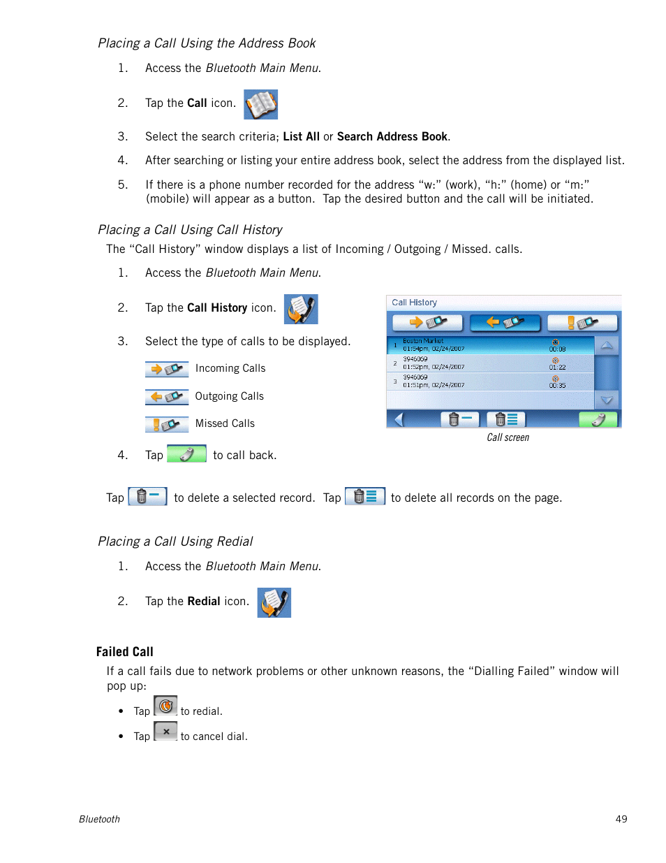 Placing a call using the address book, Placing a call using call history, Placing a call using redial | Failed call | Magellan Maestro 4245 User Manual | Page 58 / 70