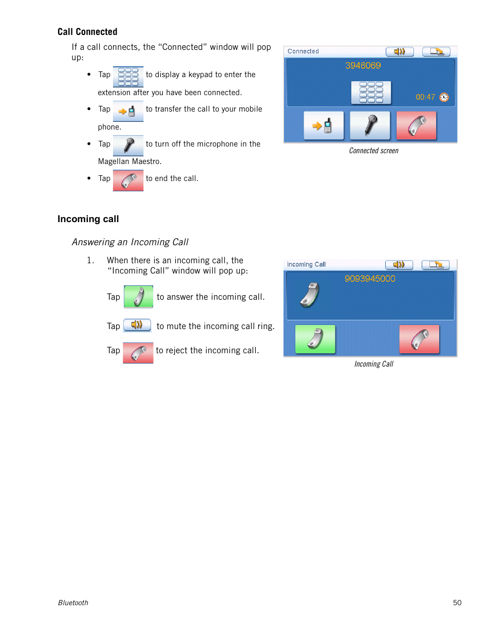 Call connected, Incoming call, Answering an incoming call | Magellan Maestro 4245 User Manual | Page 59 / 70