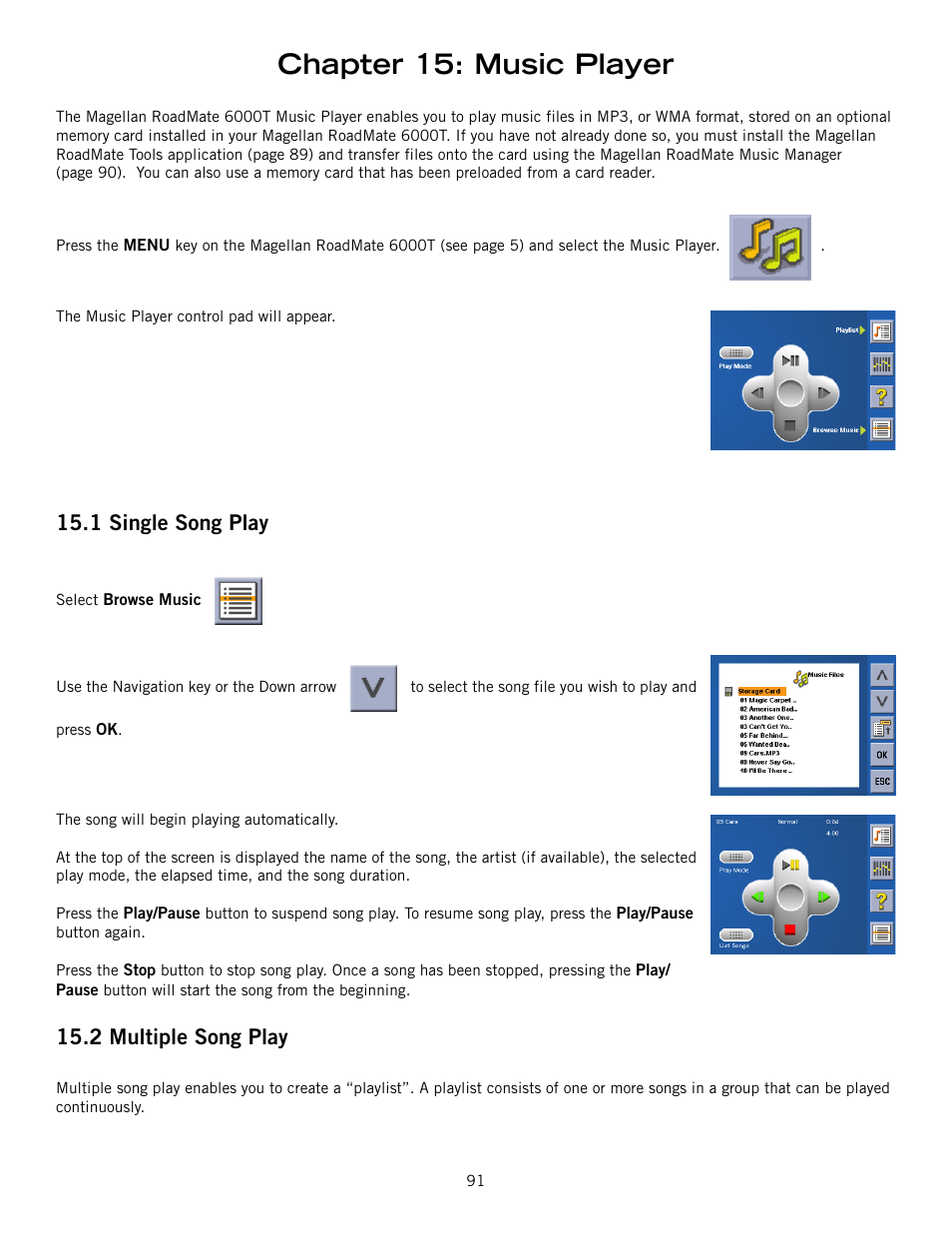 Chapter 15: music player, 1 single song play, 2 multiple song play | Magellan RoadMate 6000T User Manual | Page 101 / 121