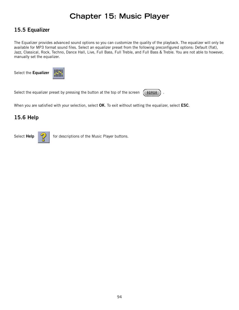 Chapter 15: music player, 5 equalizer, 6 help | Magellan RoadMate 6000T User Manual | Page 104 / 121