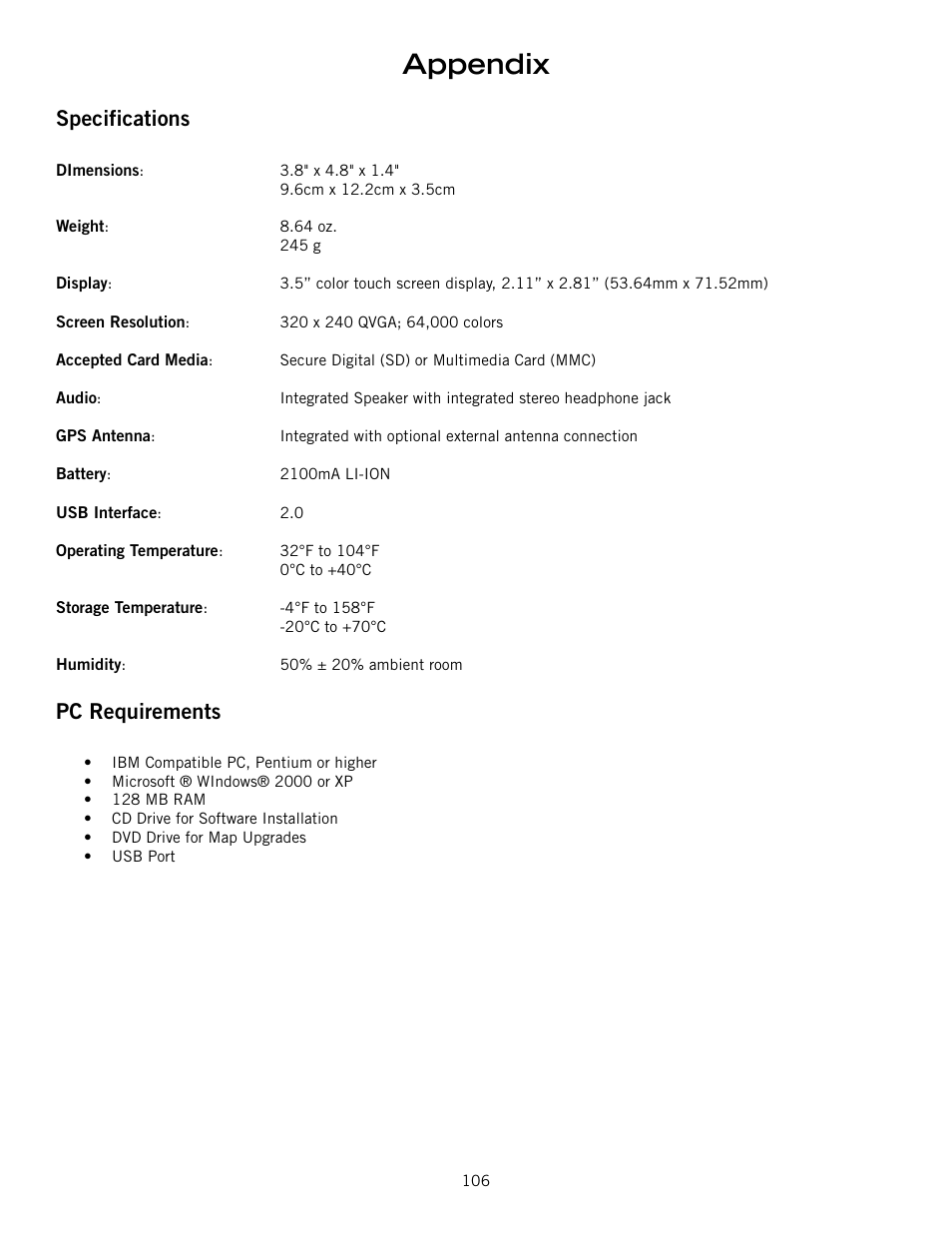 Appendix, Specifications, Pc requirements | Magellan RoadMate 6000T User Manual | Page 116 / 121