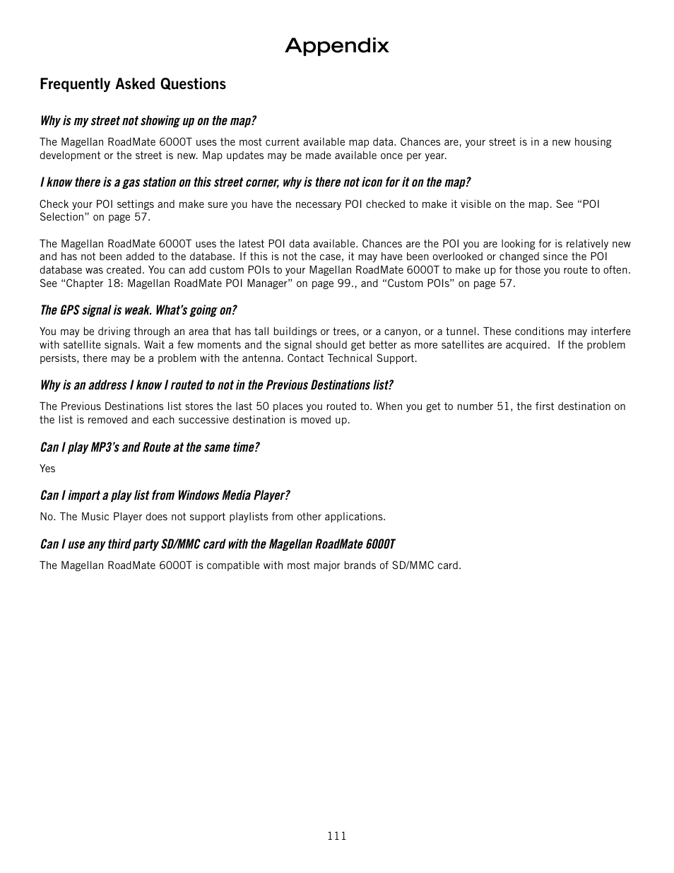 Appendix, Frequently asked questions | Magellan RoadMate 6000T User Manual | Page 121 / 121