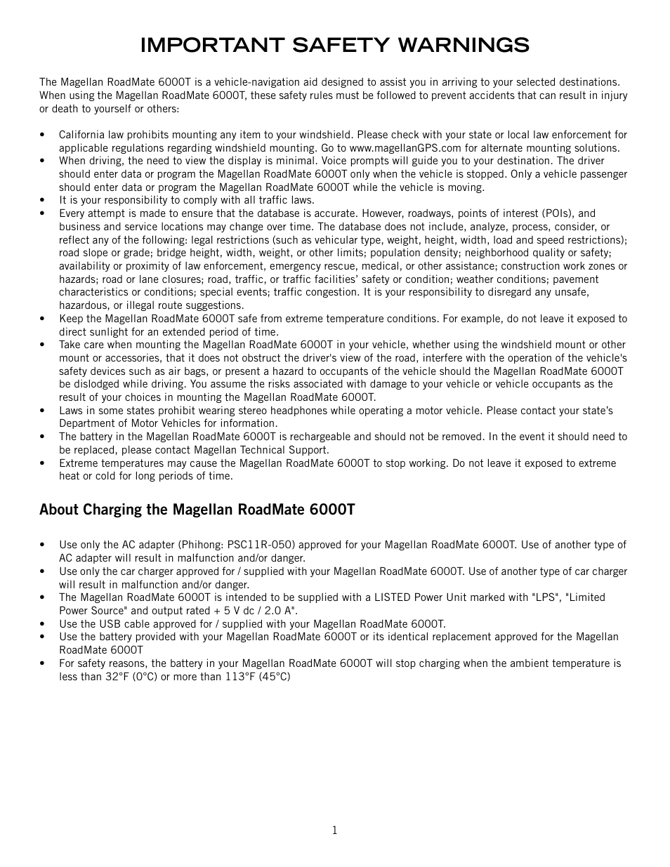 Important safety warnings, About charging the magellan roadmate 6000t | Magellan RoadMate 6000T User Manual | Page 2 / 121