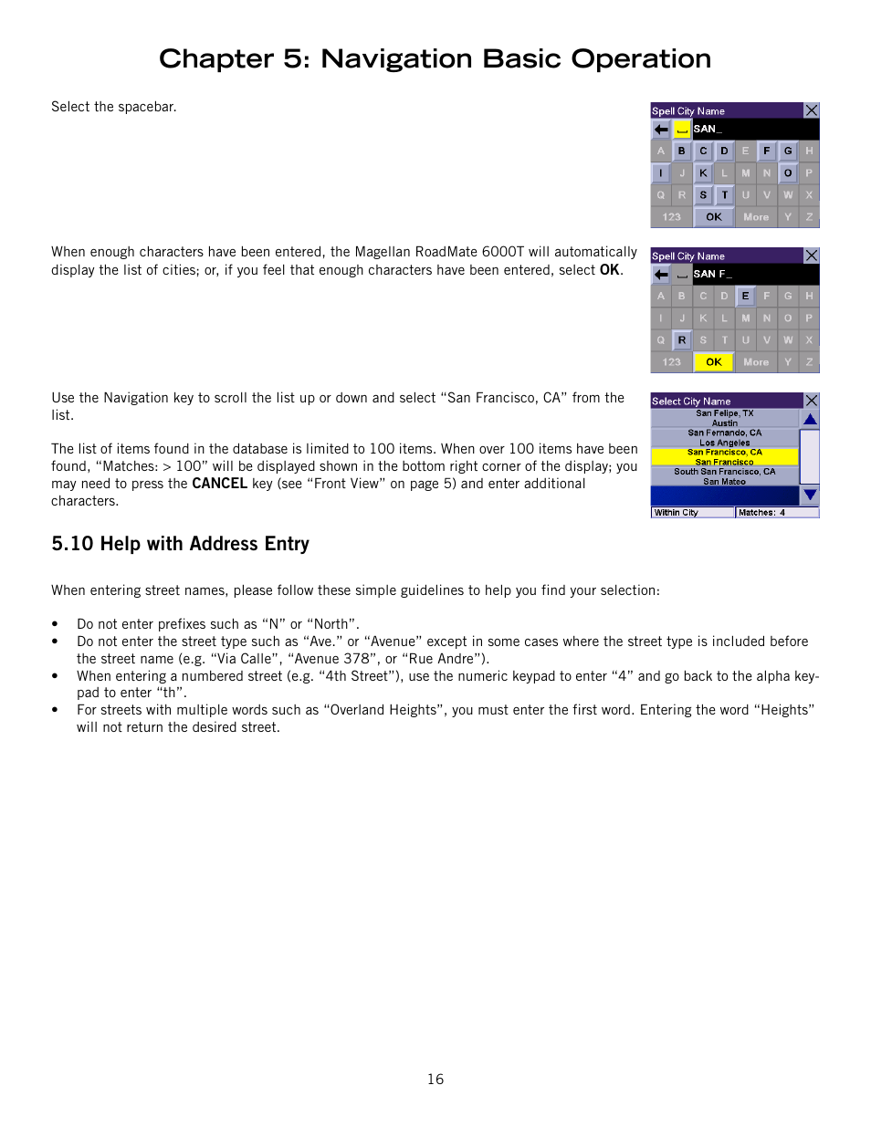 Chapter 5: navigation basic operation, 10 help with address entry | Magellan RoadMate 6000T User Manual | Page 26 / 121