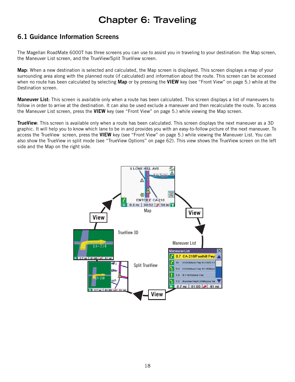 Chapter 6: traveling, 1 guidance information screens | Magellan RoadMate 6000T User Manual | Page 28 / 121
