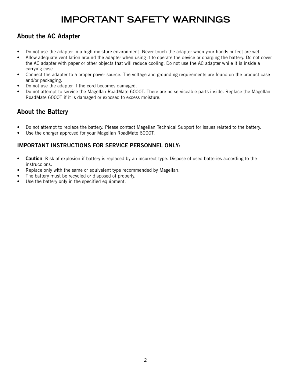 Important safety warnings, About the ac adapter, About the battery | Magellan RoadMate 6000T User Manual | Page 3 / 121