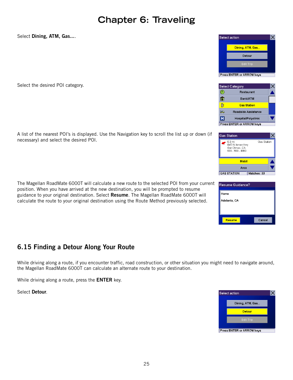 Chapter 6: traveling, 15 finding a detour along your route | Magellan RoadMate 6000T User Manual | Page 35 / 121