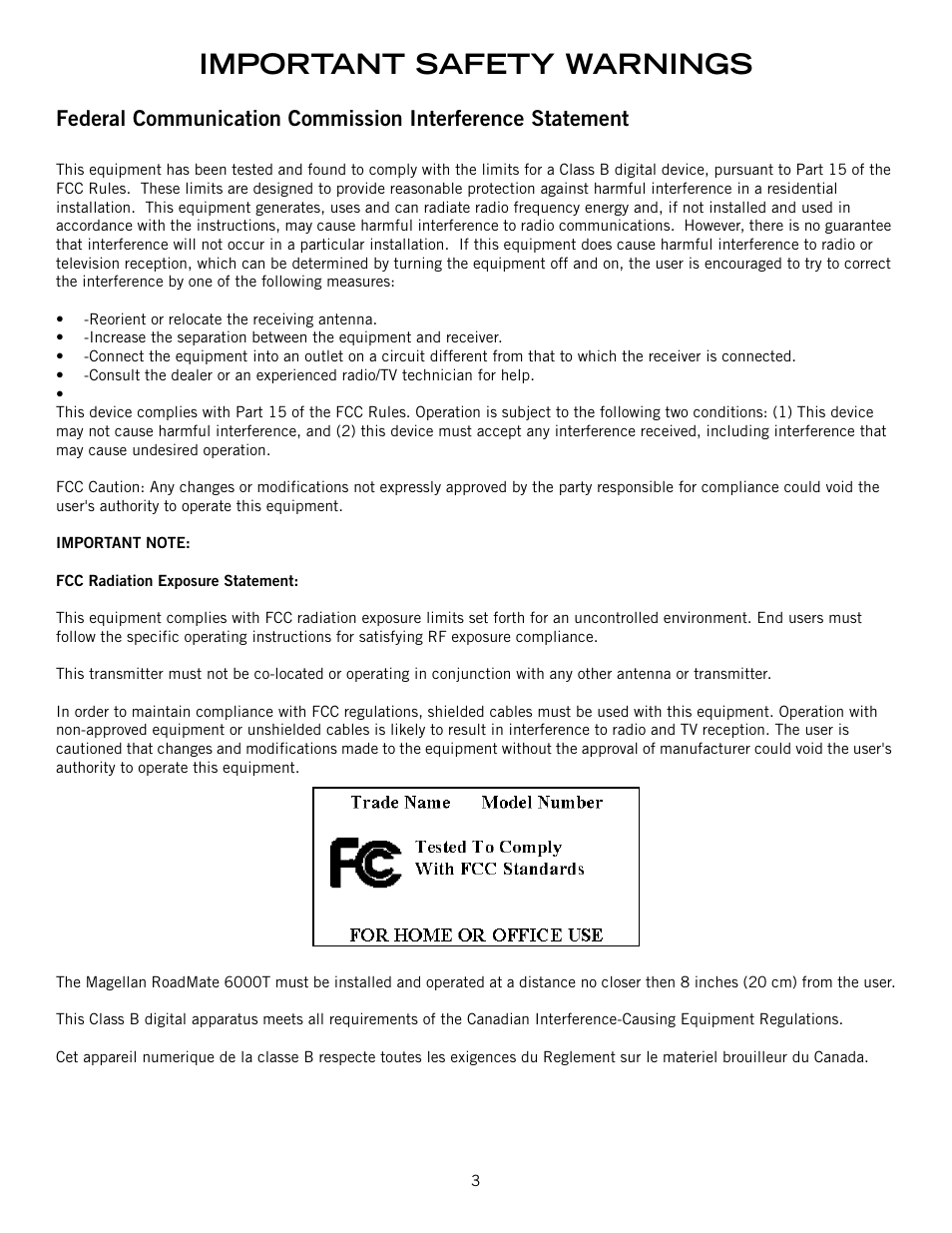 Important safety warnings | Magellan RoadMate 6000T User Manual | Page 4 / 121