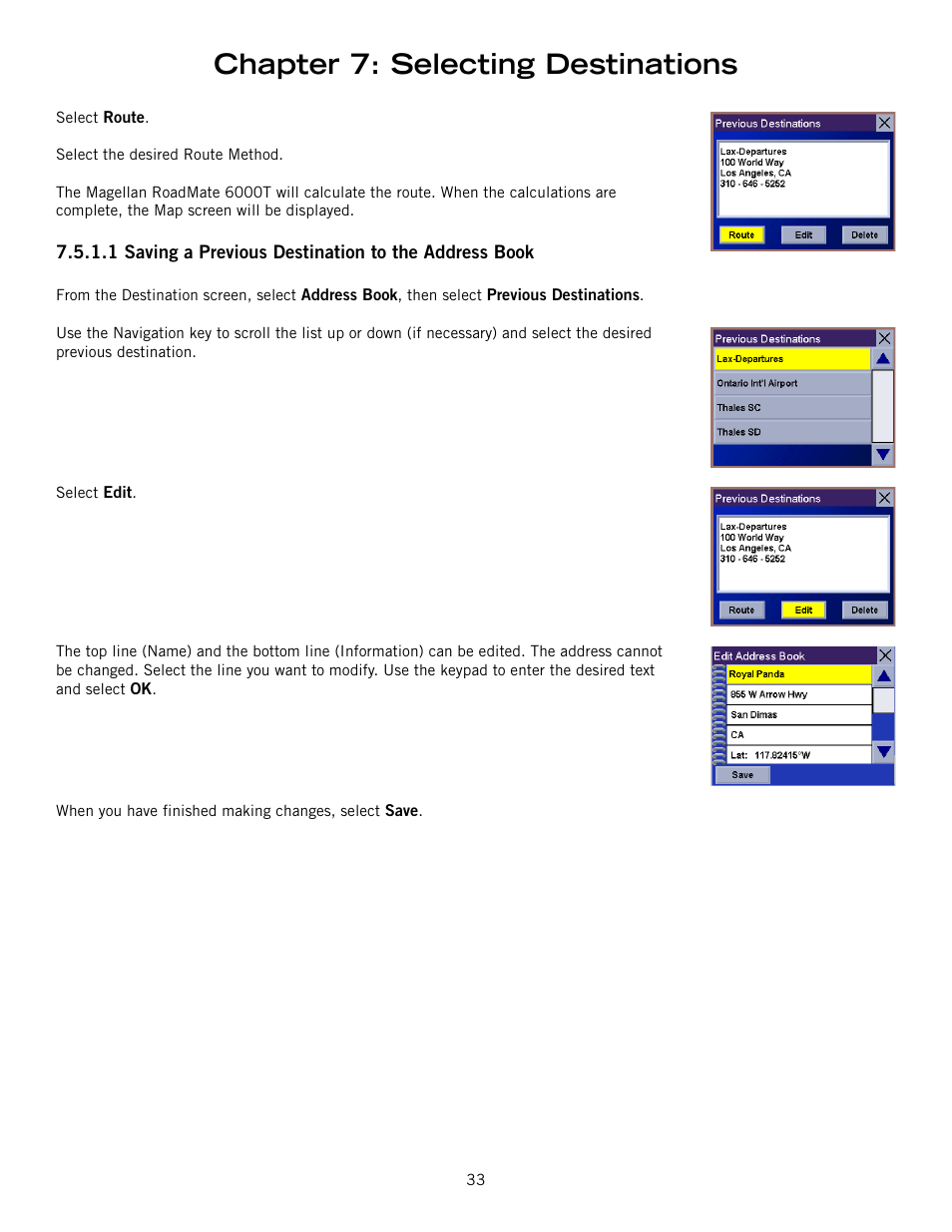 Chapter 7: selecting destinations | Magellan RoadMate 6000T User Manual | Page 43 / 121