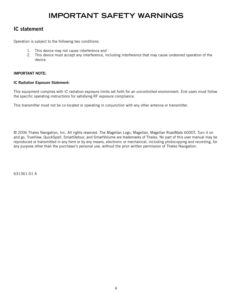 Important safety warnings, Ic statement | Magellan RoadMate 6000T User Manual | Page 5 / 121