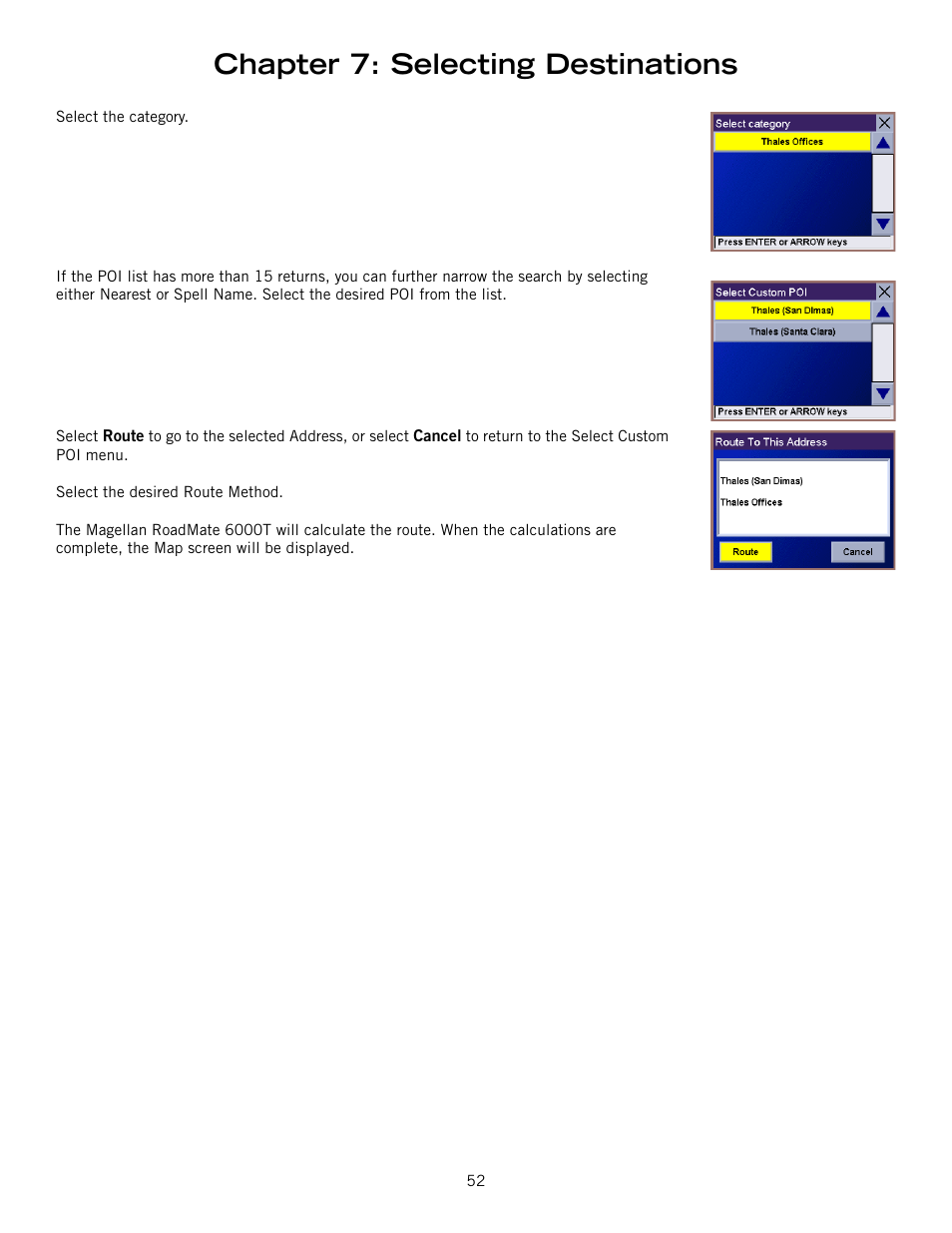 Chapter 7: selecting destinations | Magellan RoadMate 6000T User Manual | Page 62 / 121