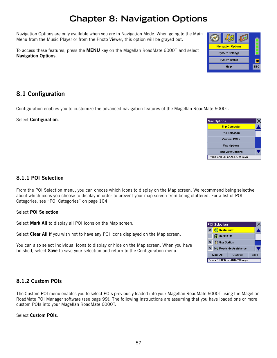 Chapter 8: navigation options, 1 configuration | Magellan RoadMate 6000T User Manual | Page 67 / 121