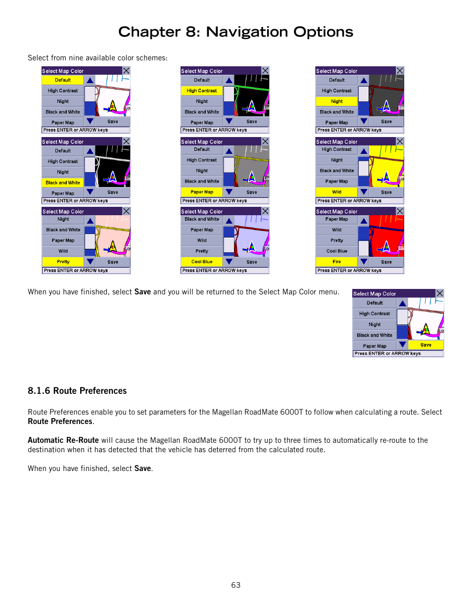 Chapter 8: navigation options | Magellan RoadMate 6000T User Manual | Page 73 / 121