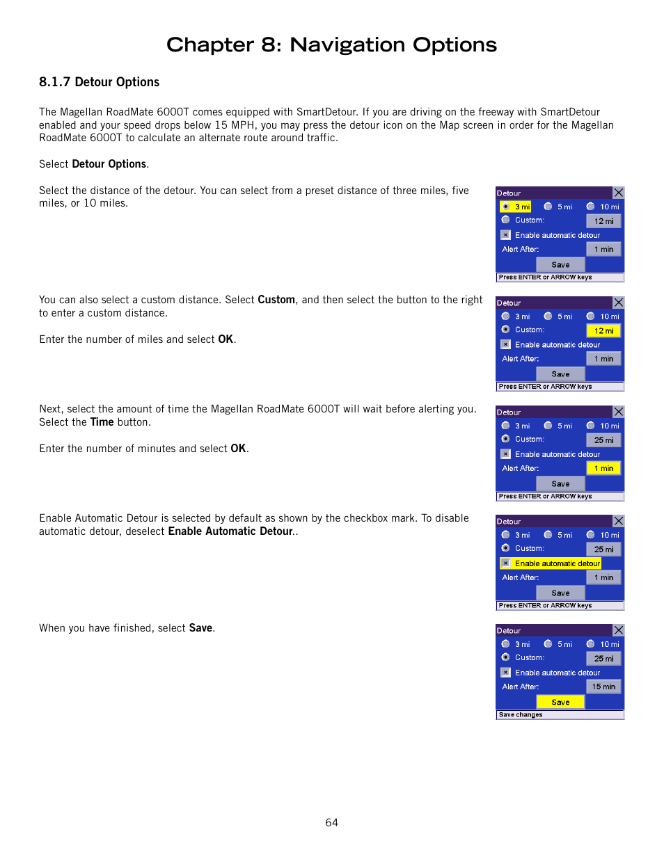 Chapter 8: navigation options | Magellan RoadMate 6000T User Manual | Page 74 / 121