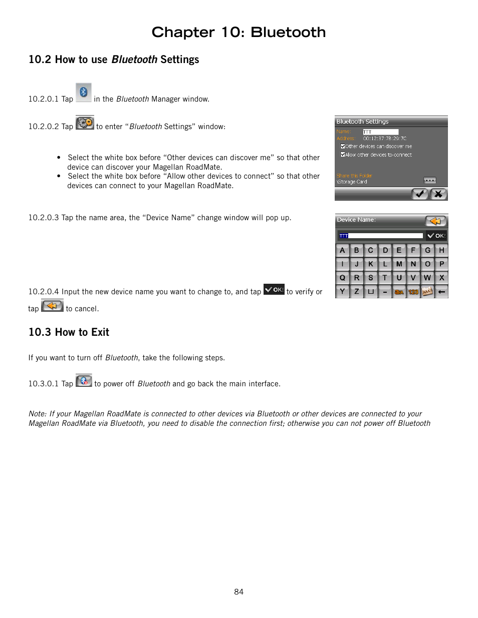 Chapter 10: bluetooth, 2 how to use bluetooth settings, 3 how to exit | Magellan RoadMate 6000T User Manual | Page 94 / 121