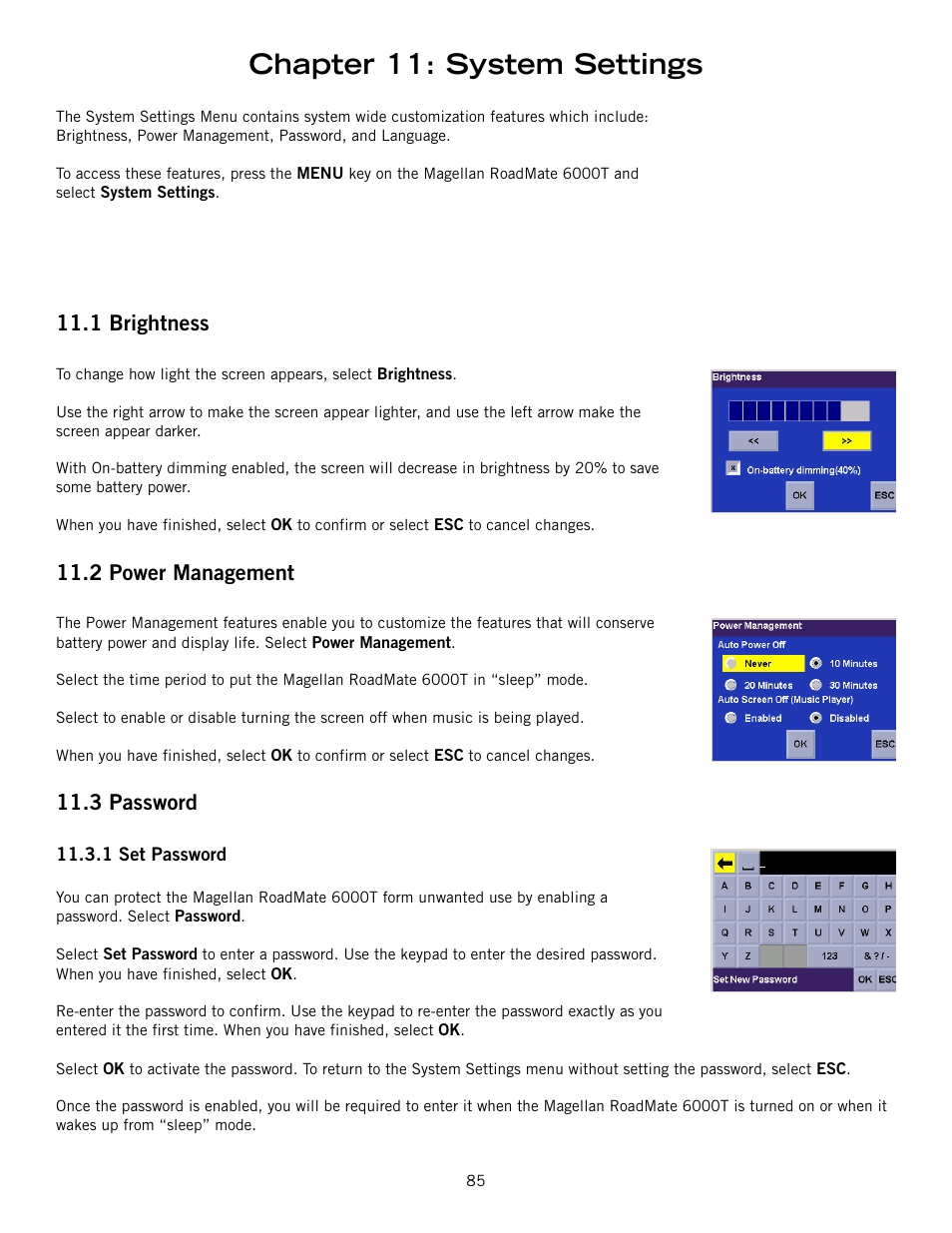 Chapter 11: system settings, 1 brightness, 2 power management | 3 password | Magellan RoadMate 6000T User Manual | Page 95 / 121