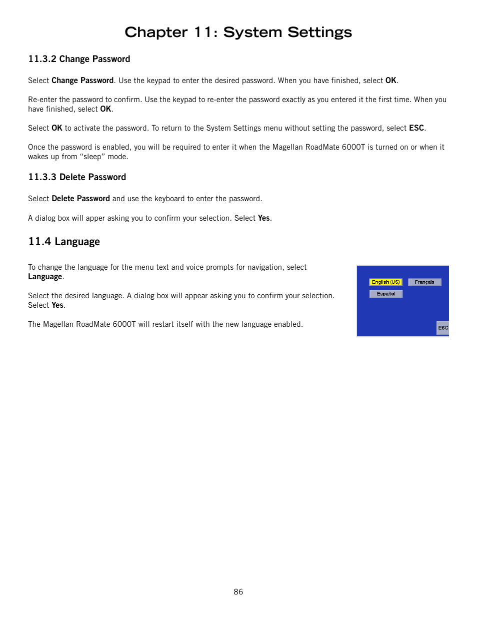 Chapter 11: system settings, 4 language | Magellan RoadMate 6000T User Manual | Page 96 / 121