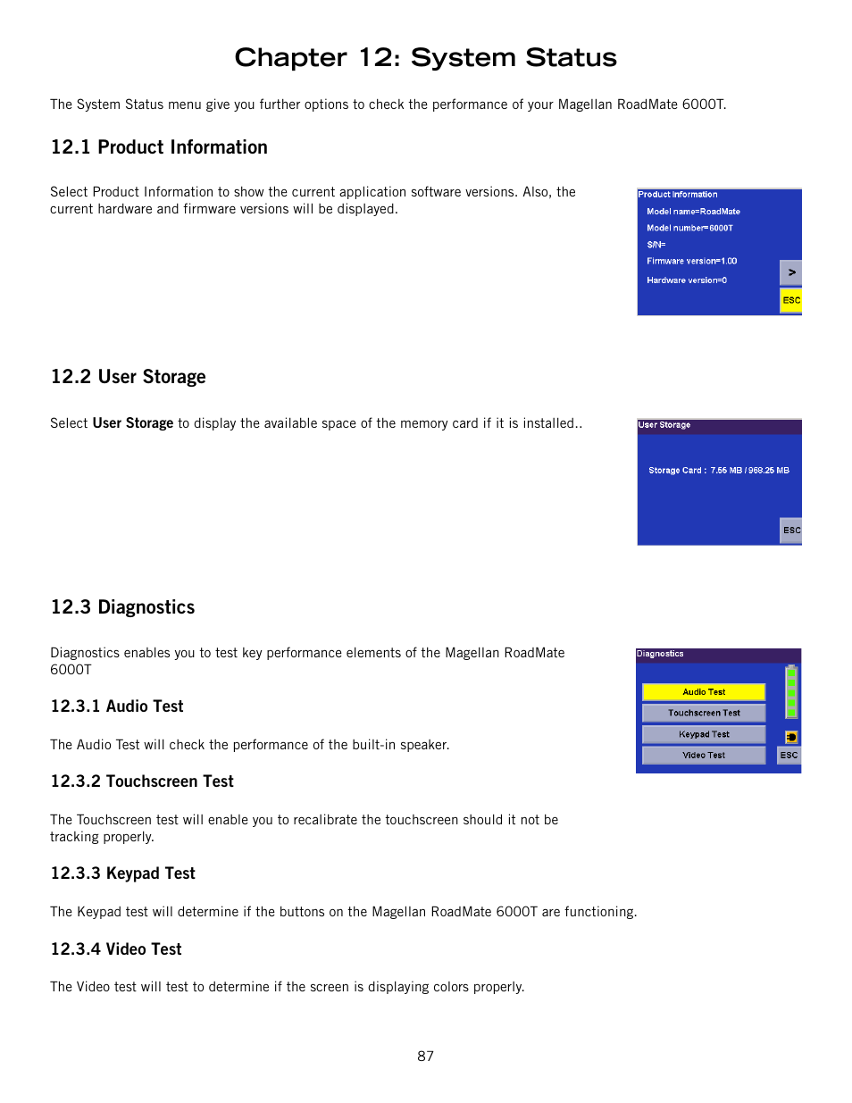 Chapter 12: system status, 1 product information, 2 user storage | 3 diagnostics | Magellan RoadMate 6000T User Manual | Page 97 / 121