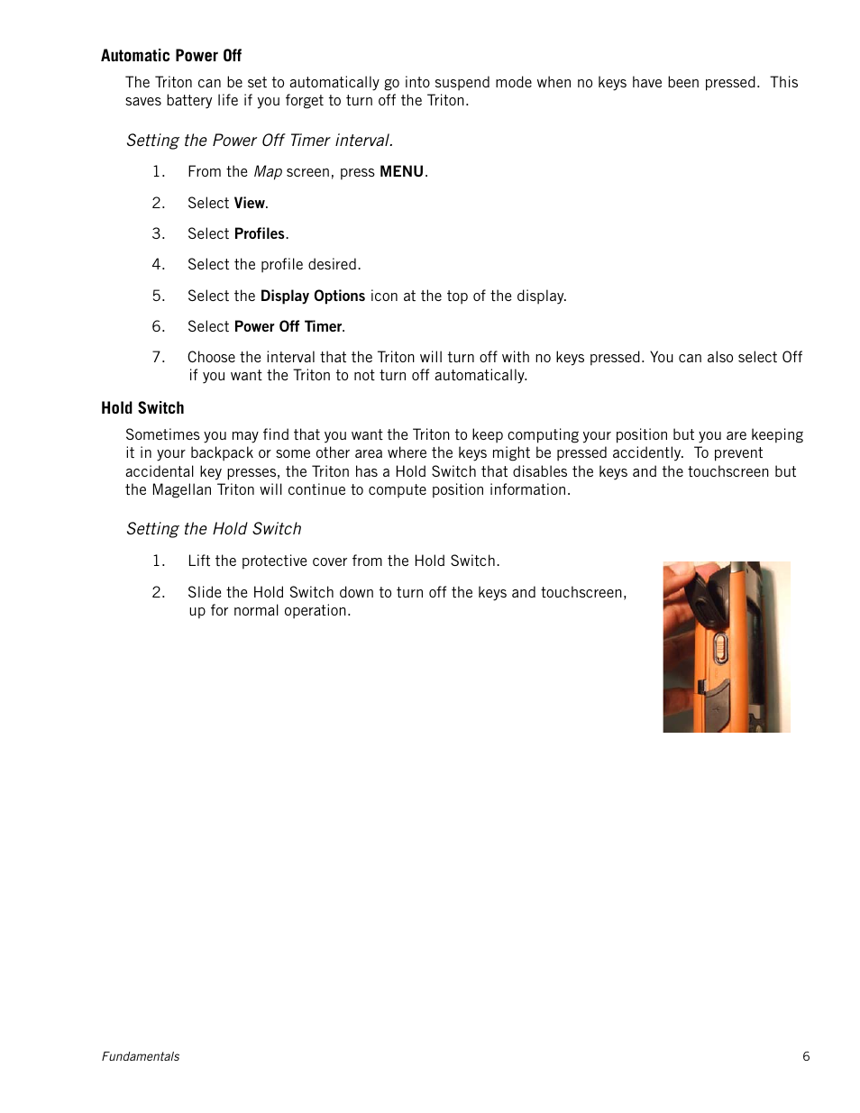 Automatic power off, Setting the power off timer interval, Hold switch | Setting the hold switch | Magellan Triton 2000 User Manual | Page 14 / 67