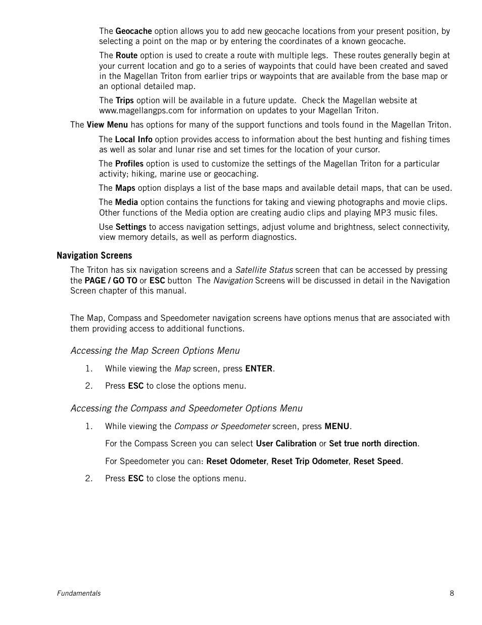 Navigation screens, Accessing the map screen options menu, Accessing the compass and speedometer options menu | Magellan Triton 2000 User Manual | Page 16 / 67