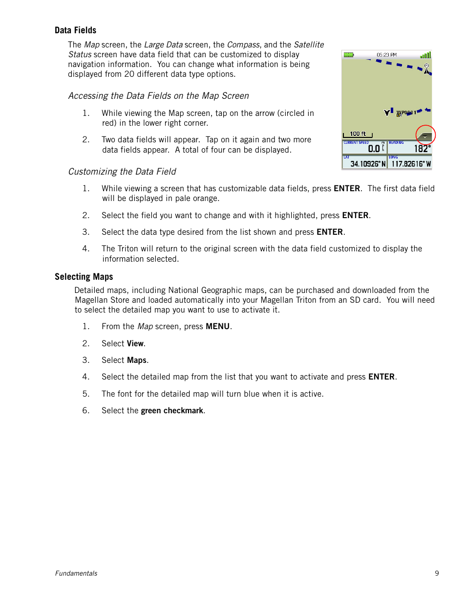 Data fields, Accessing the data fields on the map screen, Customizing the data field | Selecting maps | Magellan Triton 2000 User Manual | Page 17 / 67
