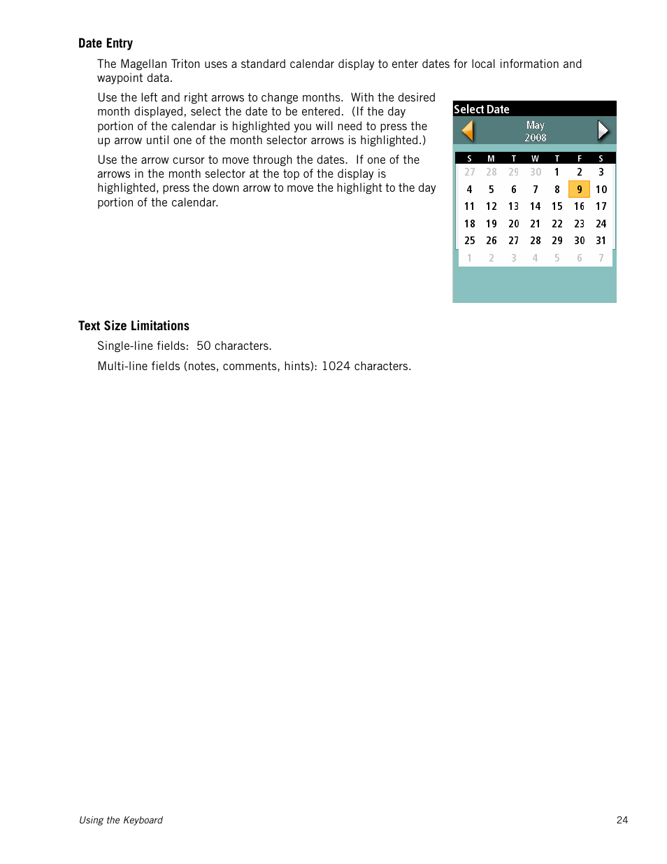 Date entry, Text size limitations | Magellan Triton 2000 User Manual | Page 32 / 67