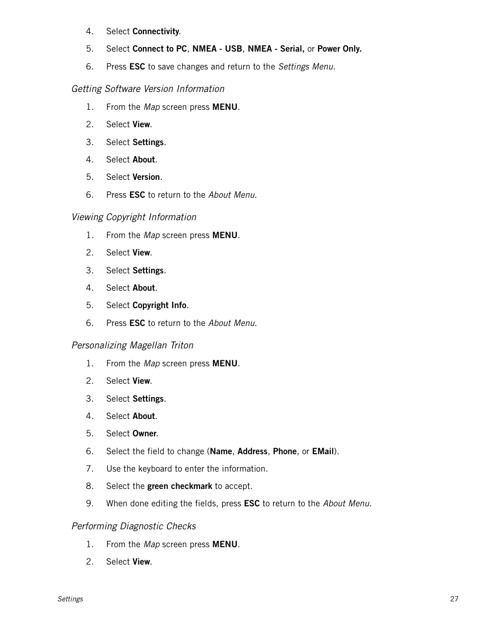 Getting software version information, Viewing copyright information, Personalizing magellan triton | Performing diagnostic checks | Magellan Triton 2000 User Manual | Page 35 / 67