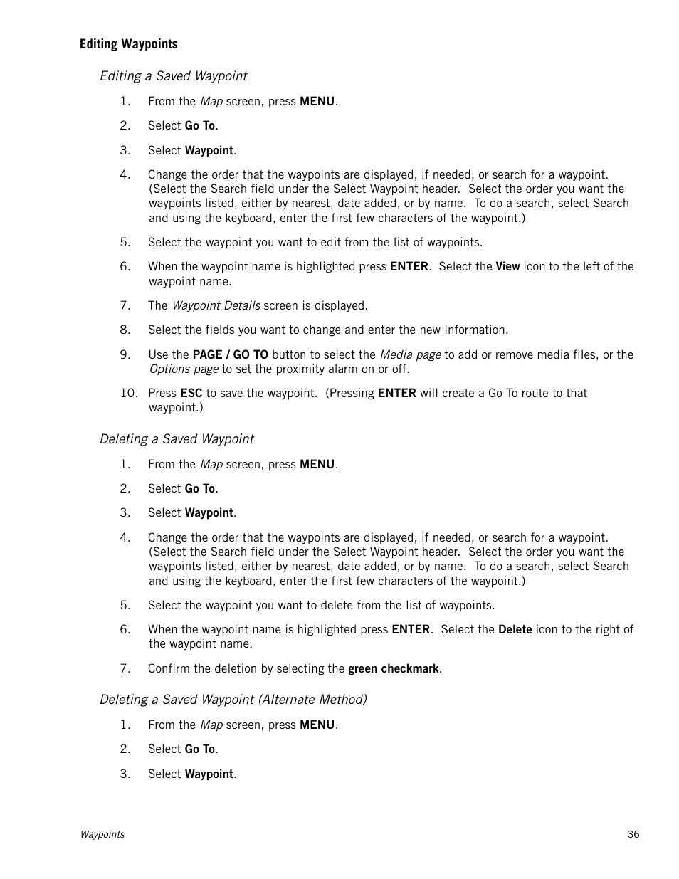 Editing waypoints, Editing a saved waypoint, Deleting a saved waypoint | Deleting a saved waypoint (alternate method) | Magellan Triton 2000 User Manual | Page 44 / 67