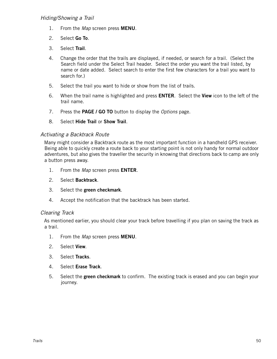 Hiding/showing a trail, Activating a backtrack route, Clearing track | Magellan Triton 2000 User Manual | Page 58 / 67