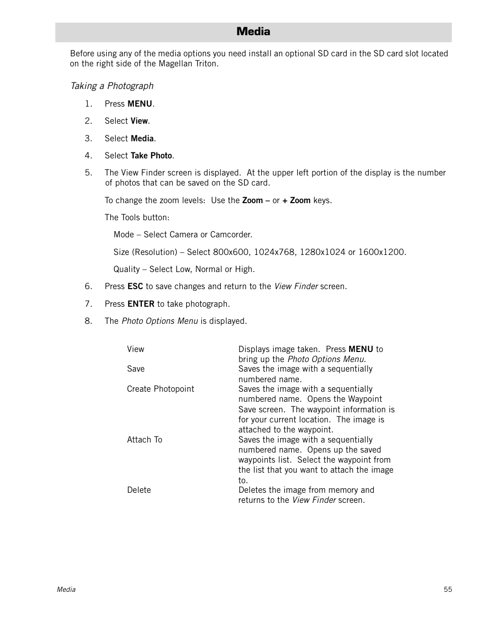 Media, Taking a photograph | Magellan Triton 2000 User Manual | Page 63 / 67