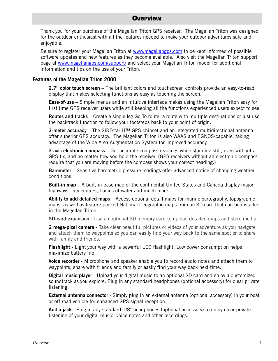 Overview, Features of the magellan triton 2000, Overview 1 | Magellan Triton 2000 User Manual | Page 9 / 67