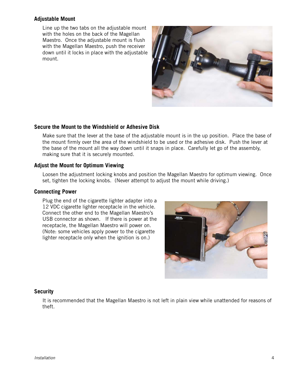Adjustable mount, Adjust the mount for optimum viewing, Connecting power | Security | Magellan Maestro 4210 User Manual | Page 13 / 68