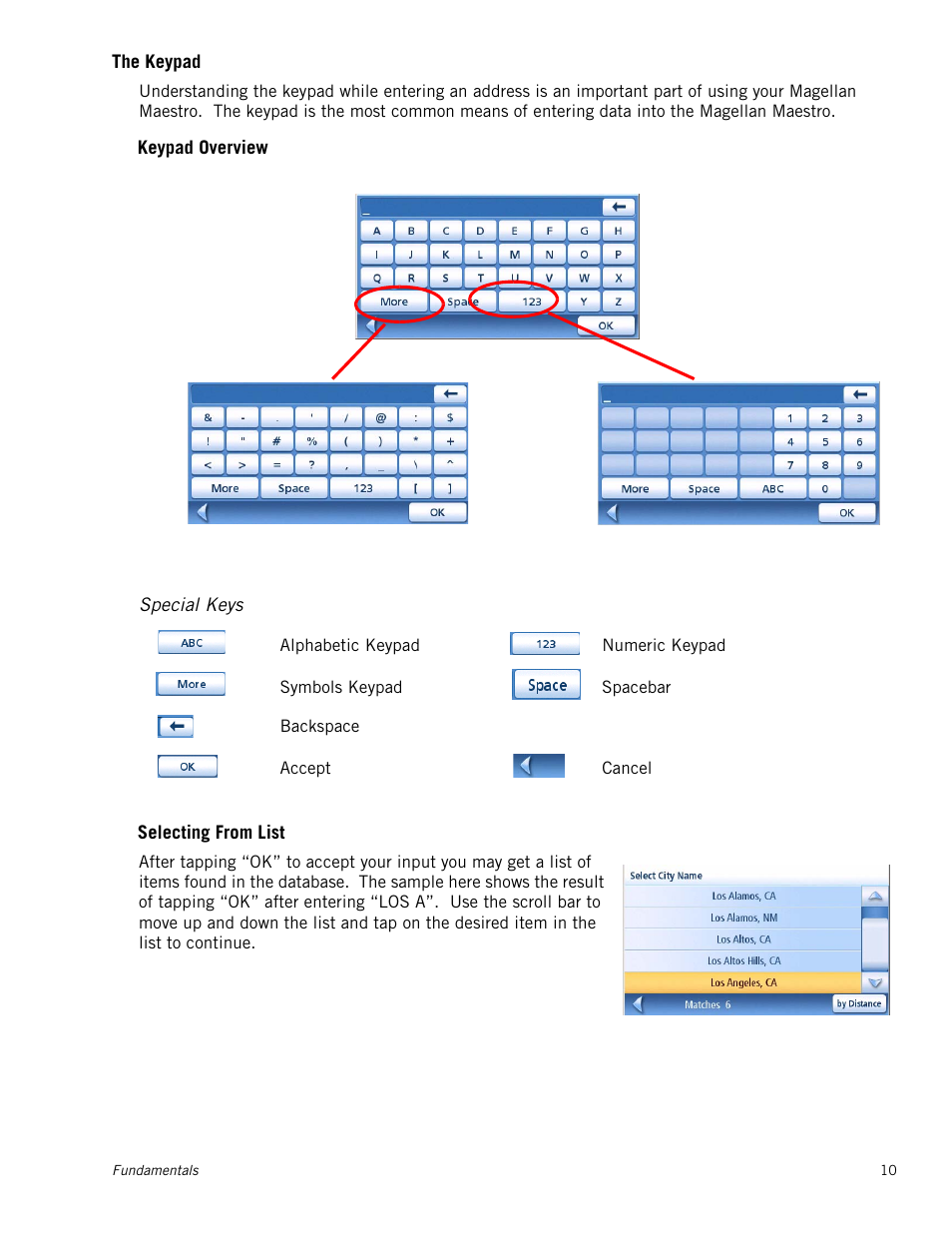 The keypad, Special keys, Keypad overview | Selecting from list | Magellan Maestro 4210 User Manual | Page 19 / 68