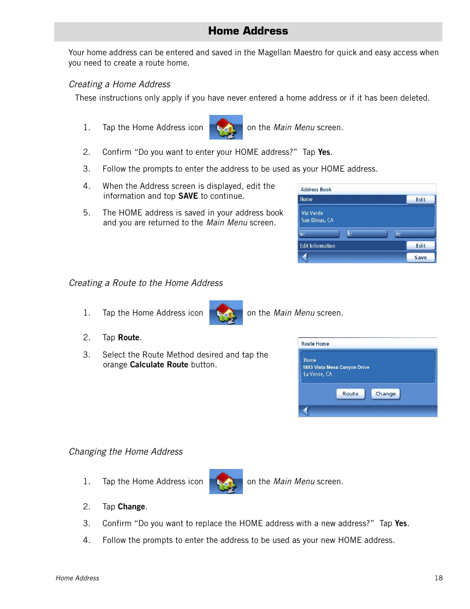 Home address, Creating a home address, Creating a route to the home address | Changing the home address | Magellan Maestro 4210 User Manual | Page 27 / 68