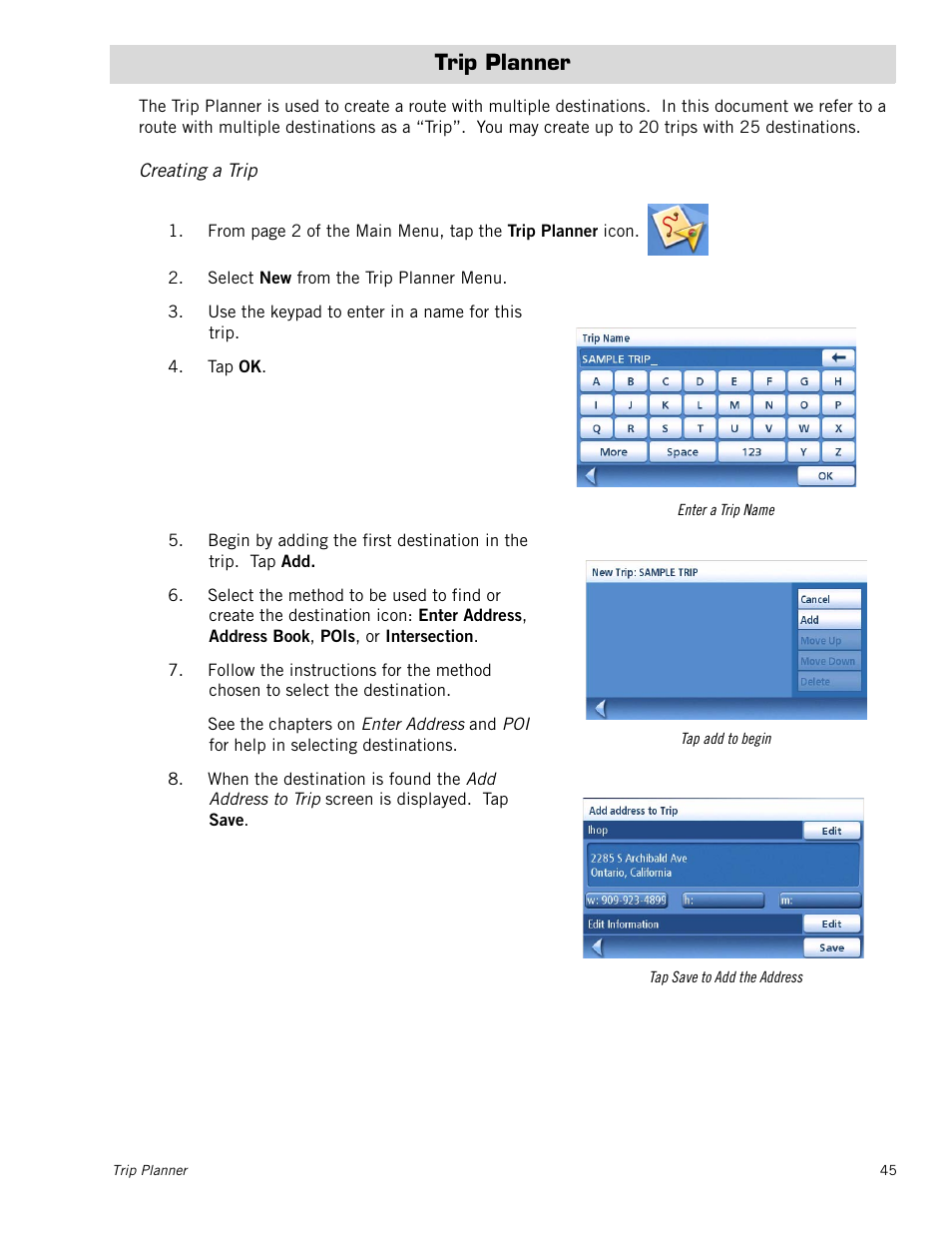 Trip planner, Creating a trip | Magellan Maestro 4210 User Manual | Page 54 / 68