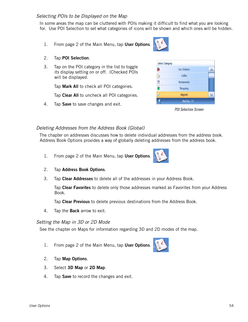 Selecting pois to be displayed on the map, Deleting addresses from the address book (global), Setting the map in 3d or 2d mode | Magellan Maestro 4210 User Manual | Page 63 / 68