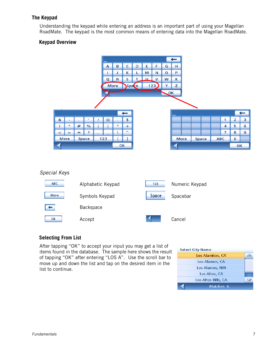 The keypad, Special keys, Keypad overview | Selecting from list | Magellan RoadMate 1212 User Manual | Page 15 / 60